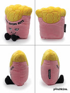 four pictures showing each side of a pink fries container holding yellow fries. The pink section has a sly smiley face and black text that says "Fries before guys." The plushie has black legs sticking out.