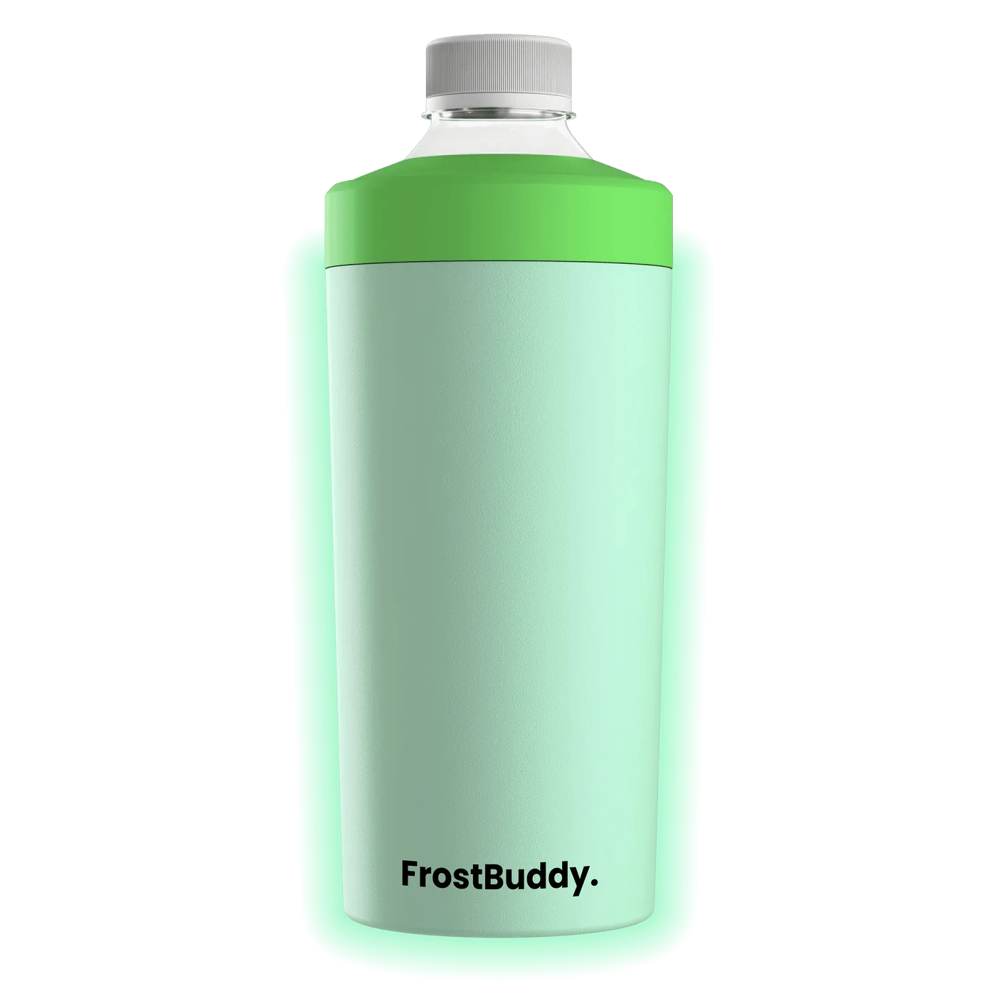 A green Universal Frost Buddy XL, a can and bottle cooler with a double-walled stainless steel lid.
