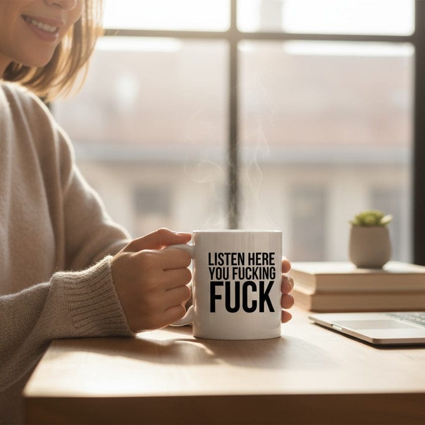 Person holding a mug with text near a laptop at a desk. Text Reads "Listen Here You Fucking Fuck."