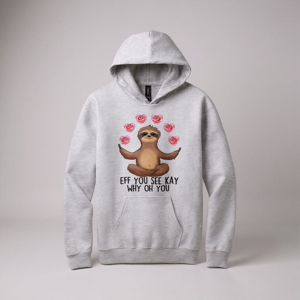 Gray hoodie with a sloth graphic and text on a light gray background