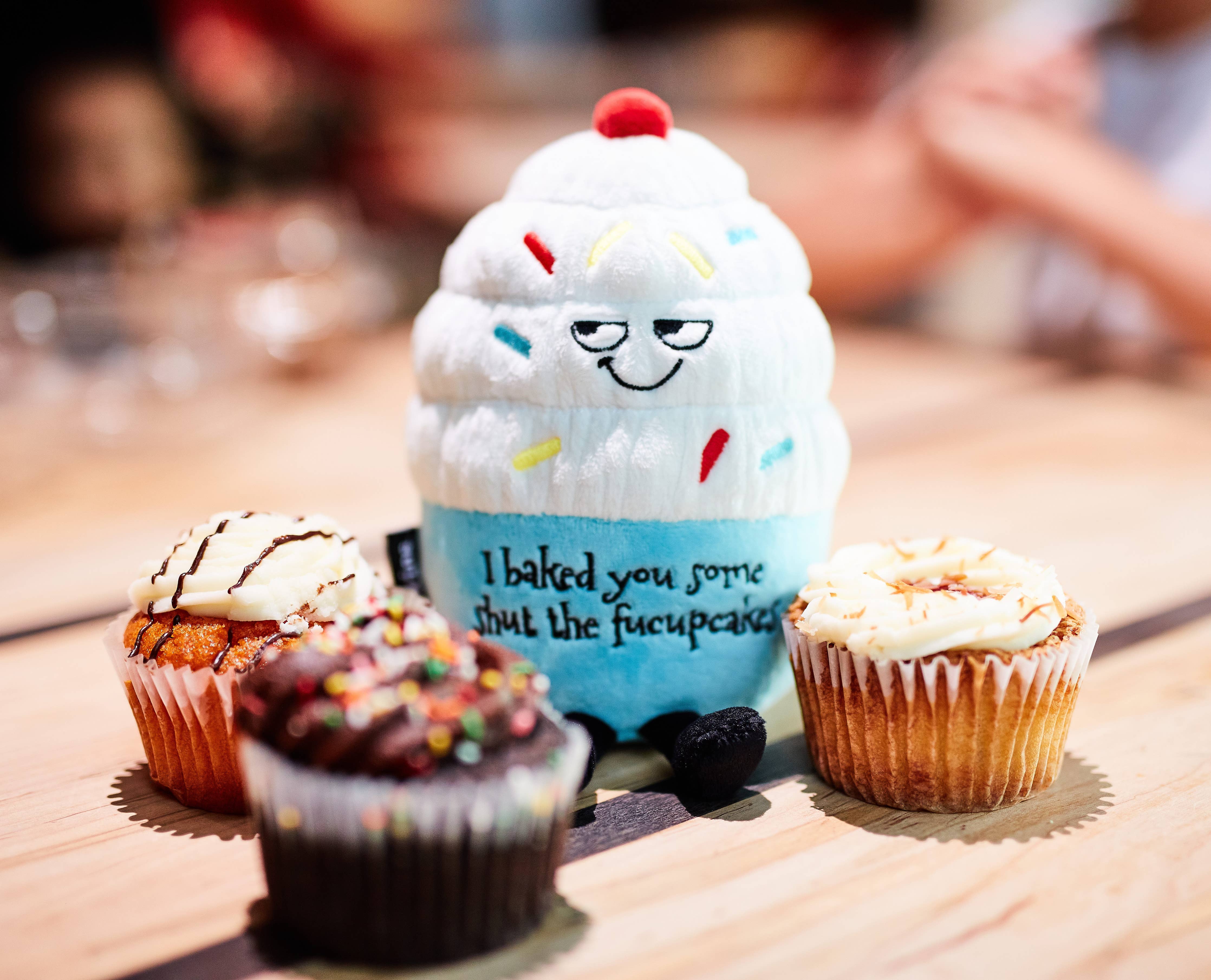 A cupcake plush with white frosting, rainbow sprinkles, and a blue base. The top features a sly, smiling face, while the bottom has black embroidered text that reads, "I baked you some shut the fucupcakes." Black legs sticking out the bottom and a red cherry on top.