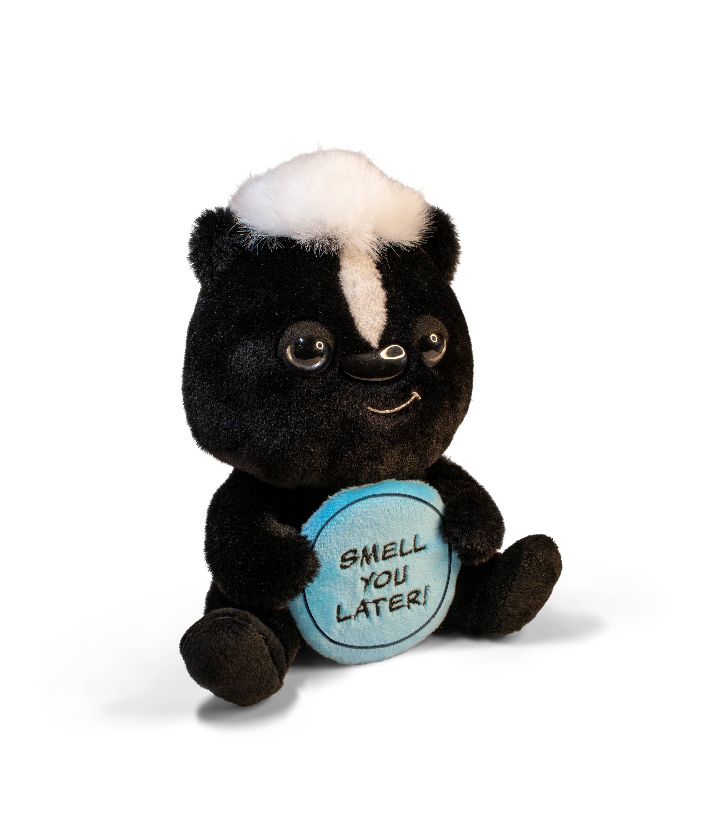 A soft and fluffy skunk plush with a playful expression, featuring black and white fur. It holds a sign or has text that reads 'Smell You Later,' adding a humorous touch.