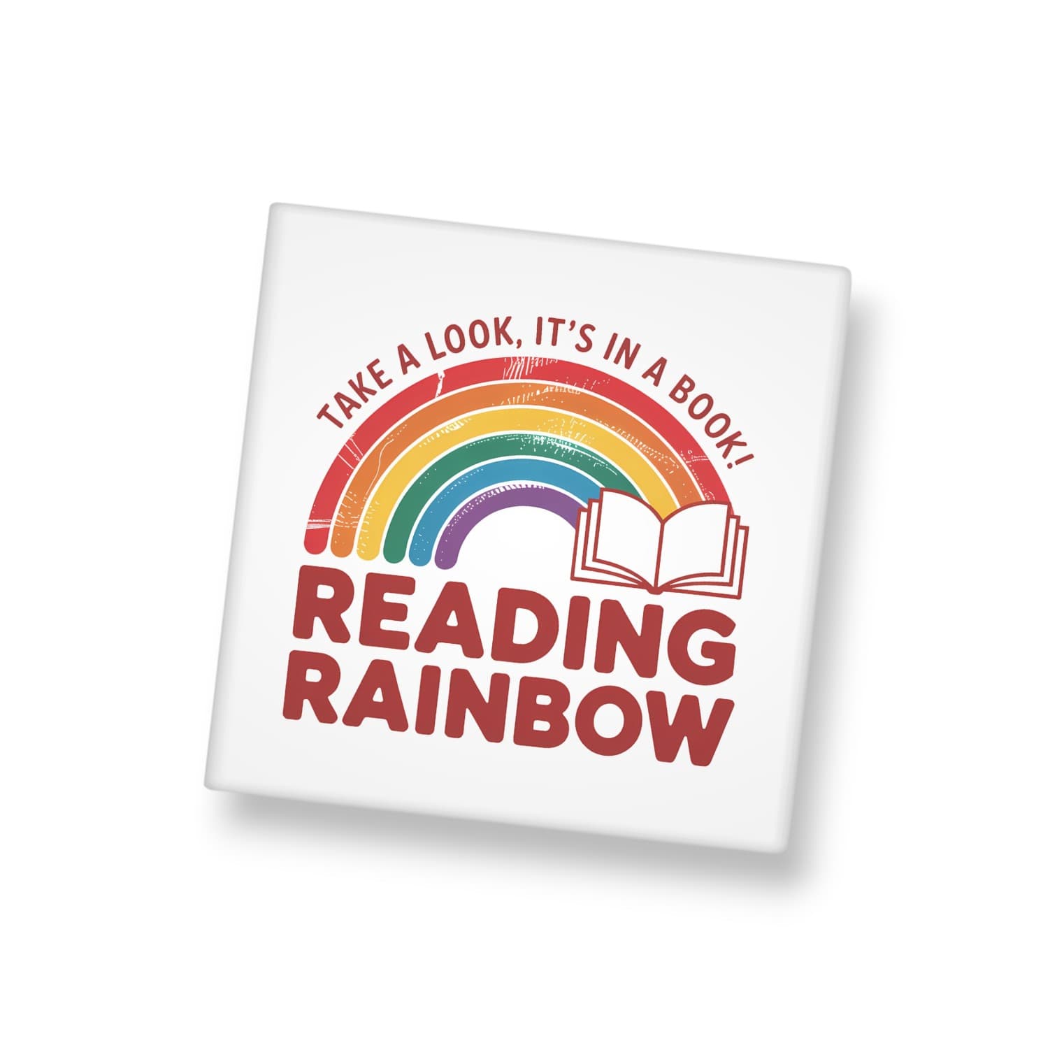 White square magnet with rainbow and book design, featuring 'Reading Rainbow' text on a white background.