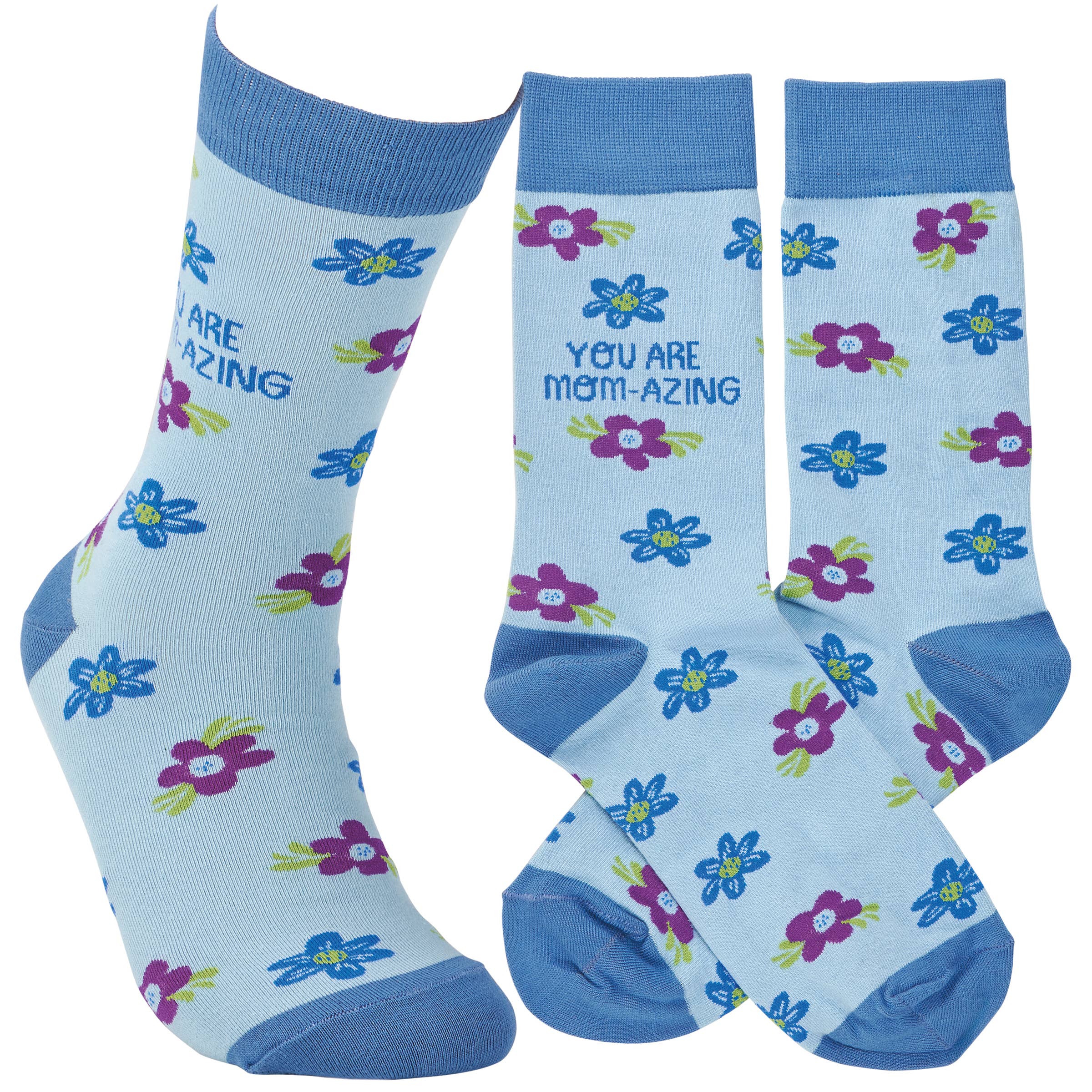 blue socks with flowers that say "You are Mom-azing" in blue text