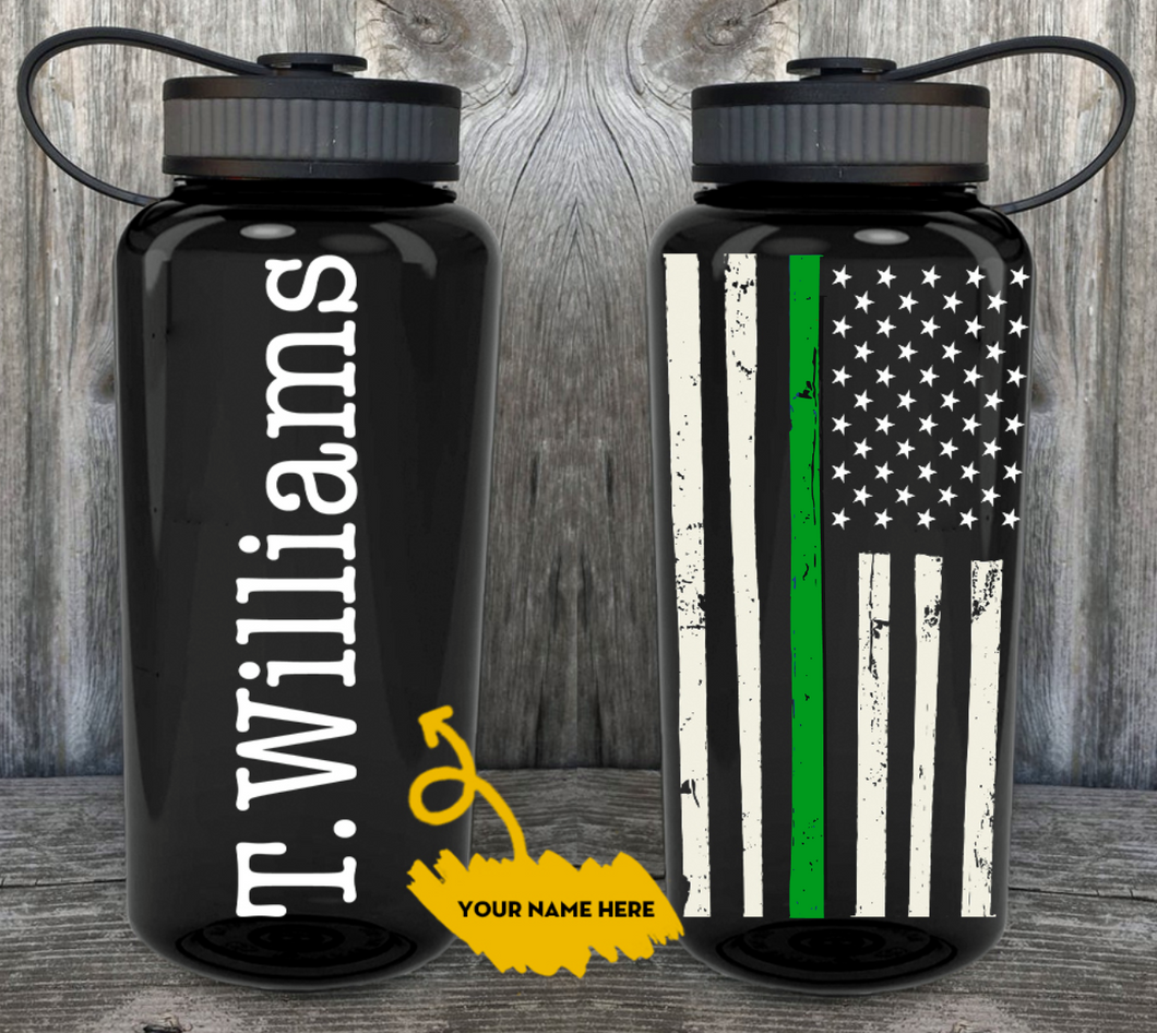 Personalized Thin Green Line Water Bottle | 34oz