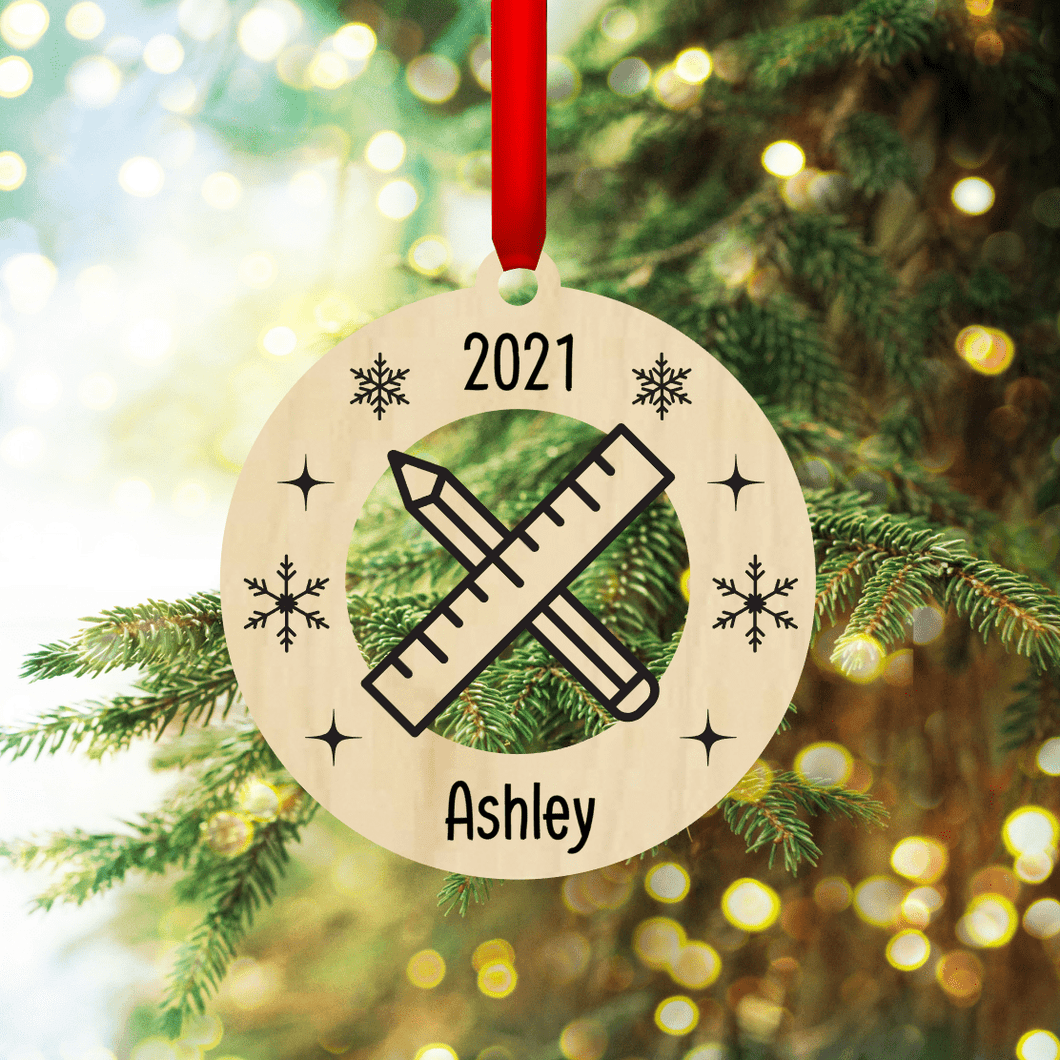 Personalized Wood Teacher Ornament | Pencil & Ruler
