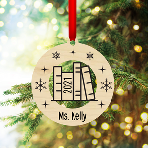 Personalized Wood Teacher Ornament | Stack of Books
