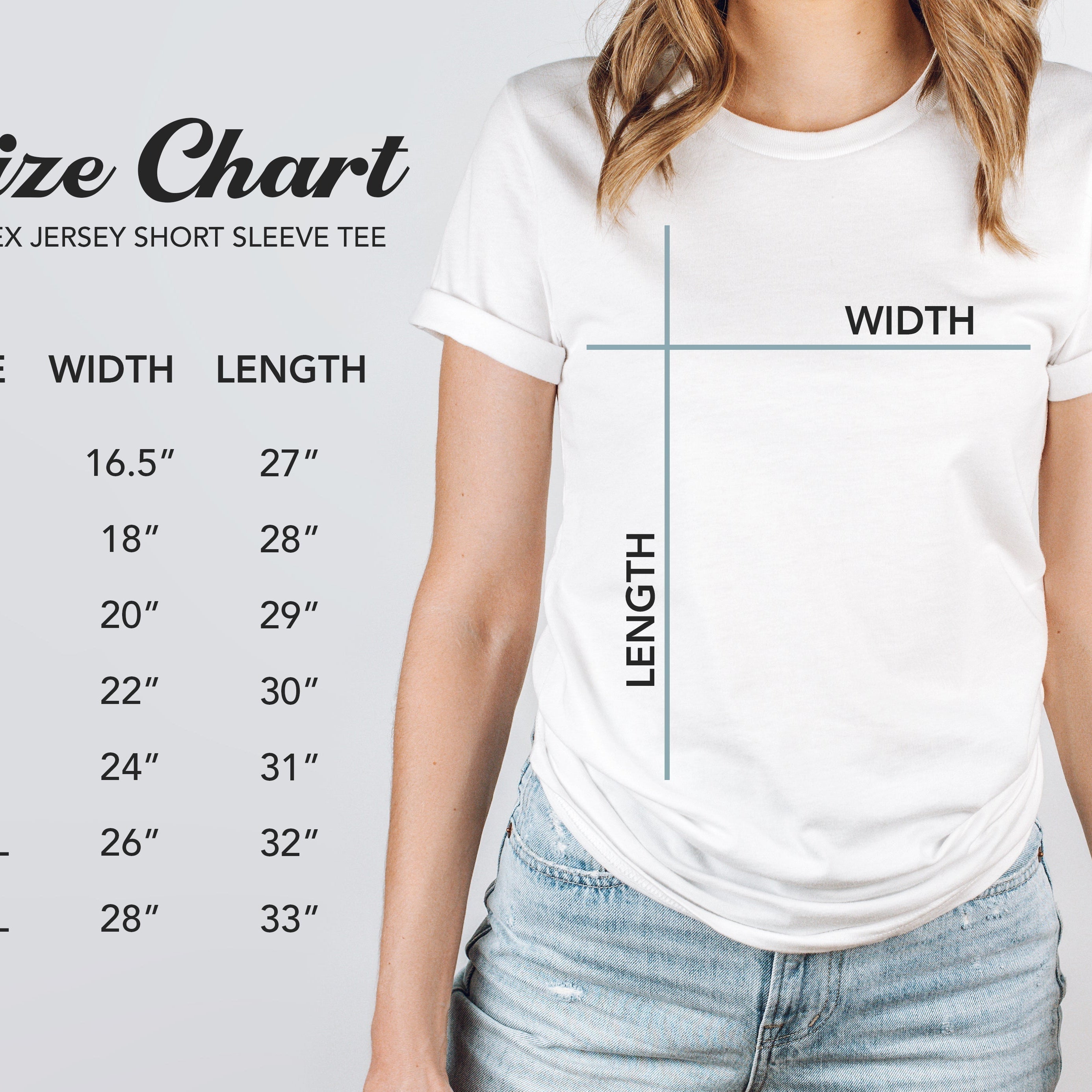 Adult Bella Canvas Sizing Chart. XS 16.5" Width 27" Length up to 3XL 28" width and 33" long