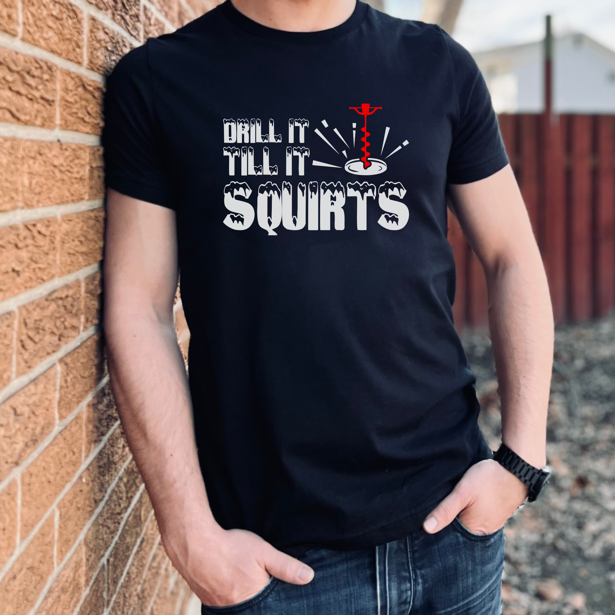 Drill It Till It Squirts | Minnesota Ice Fishing T-Shirt | adult Sizing Large / Storm / Long Sleeve