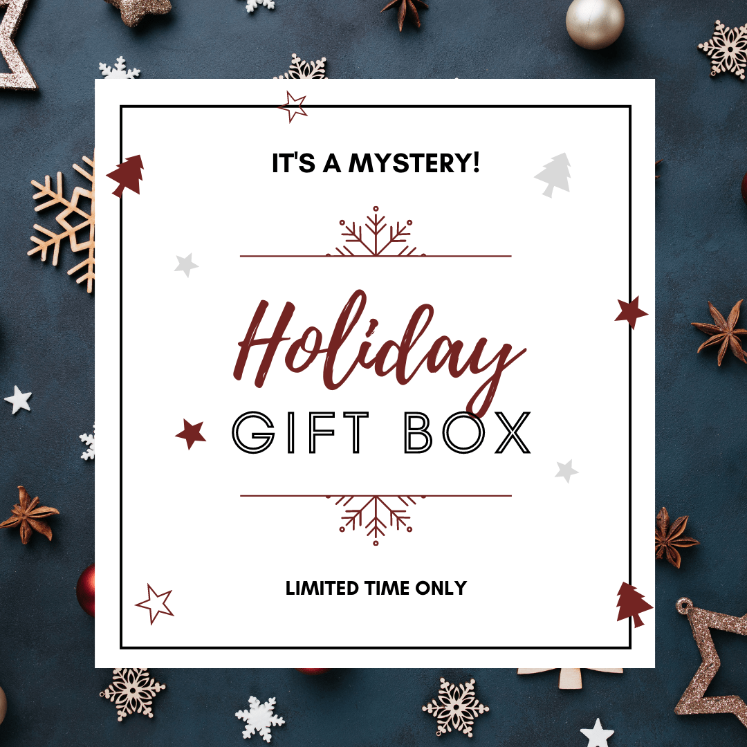 A festive holiday gift box with the text 'It's a MYSTERY! Holiday Gift Box' on a background decorated with Christmas decorations like snowflakes, stars, and holiday ornaments. The text 'Limited Time Only' is also present.